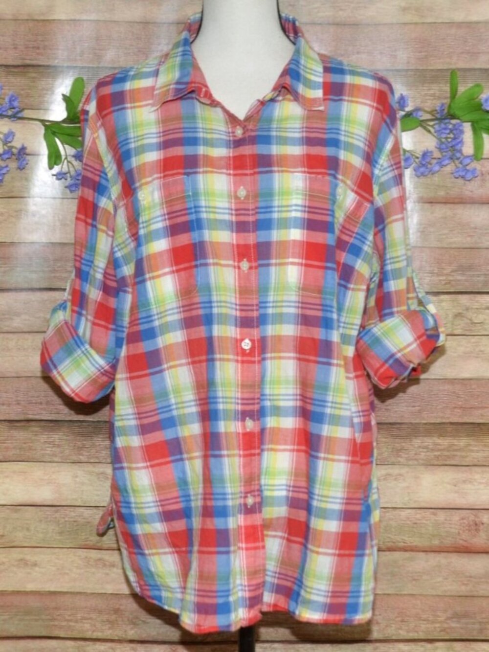 Ralph Lauren Jeans Co. Womens 2X Roll Tab Sleeve Red Blue Plaid Button Up Shirt